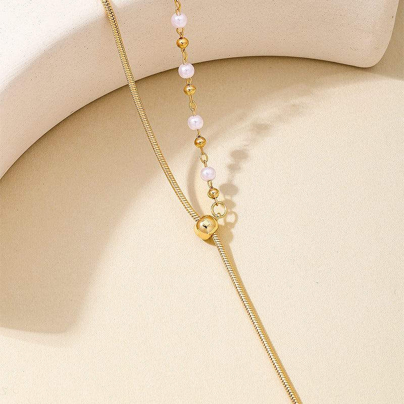 Golden Alloy Circle Earrings For Women With Imitation Pearl Inlay And Adjustable Slider Chain, Perfect For Banquet