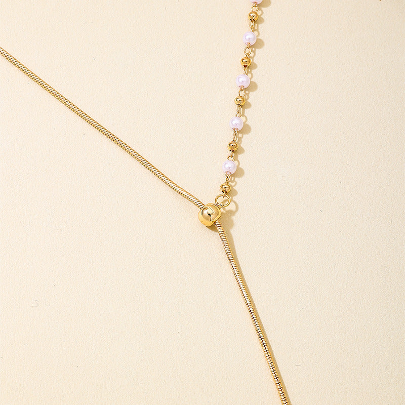 Golden Alloy Circle Earrings For Women With Imitation Pearl Inlay And Adjustable Slider Chain, Perfect For Banquet