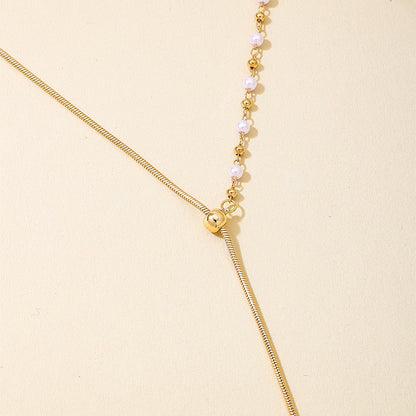 Golden Alloy Circle Earrings For Women With Imitation Pearl Inlay And Adjustable Slider Chain, Perfect For Banquet