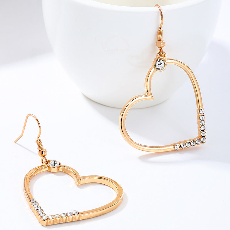 Heart Shape Drop Earrings For Women In Golden Alloy With Rhinestones, Perfect For Date Occasion