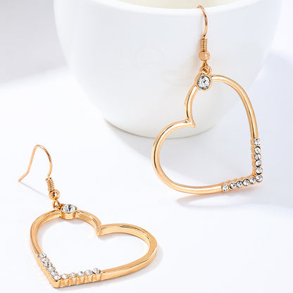 Heart Shape Drop Earrings For Women In Golden Alloy With Rhinestones, Perfect For Date Occasion