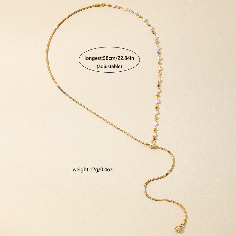 Golden Alloy Circle Earrings For Women With Imitation Pearl Inlay And Adjustable Slider Chain, Perfect For Banquet
