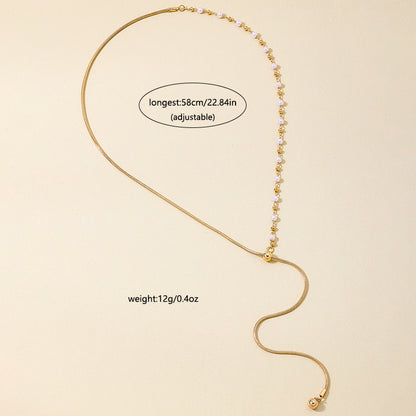 Golden Alloy Circle Earrings For Women With Imitation Pearl Inlay And Adjustable Slider Chain, Perfect For Banquet