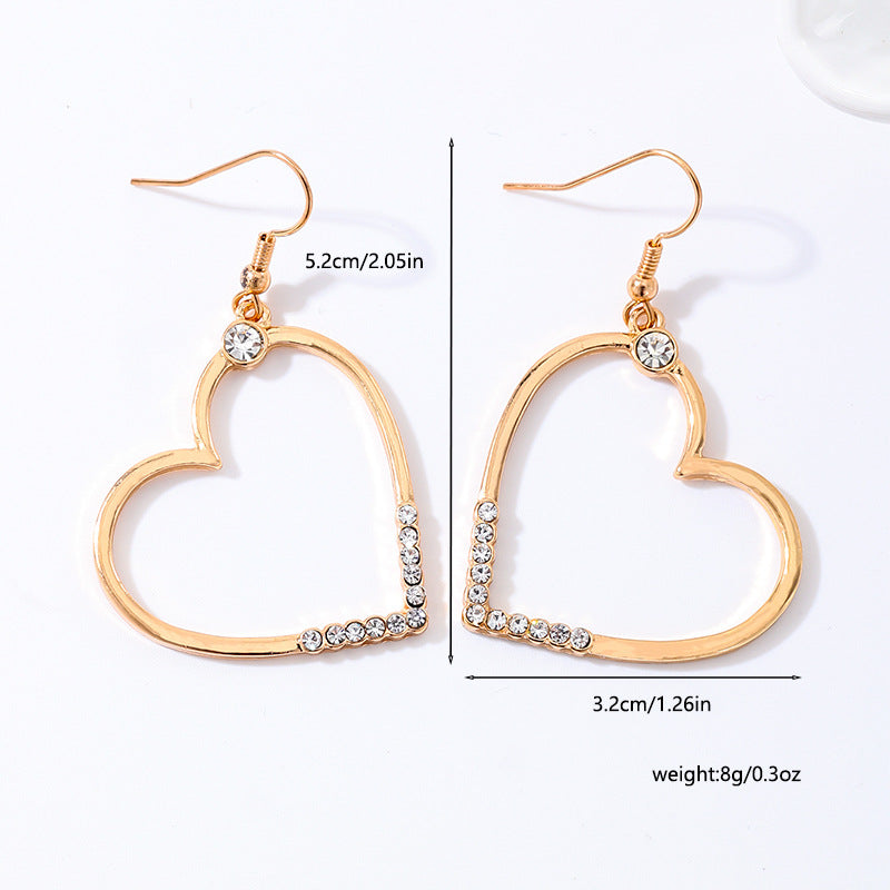 Heart Shape Drop Earrings For Women In Golden Alloy With Rhinestones, Perfect For Date Occasion