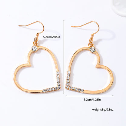 Heart Shape Drop Earrings For Women In Golden Alloy With Rhinestones, Perfect For Date Occasion