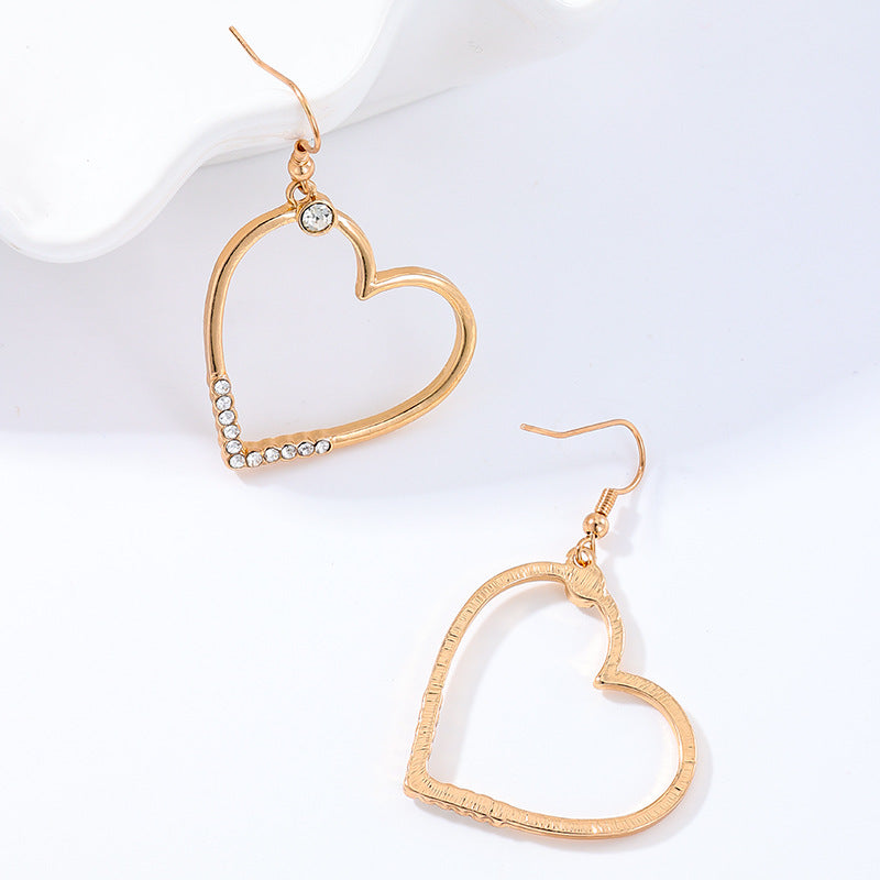 Heart Shape Drop Earrings For Women In Golden Alloy With Rhinestones, Perfect For Date Occasion