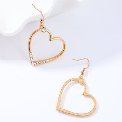 Heart Shape Drop Earrings For Women In Golden Alloy With Rhinestones, Perfect For Date Occasion