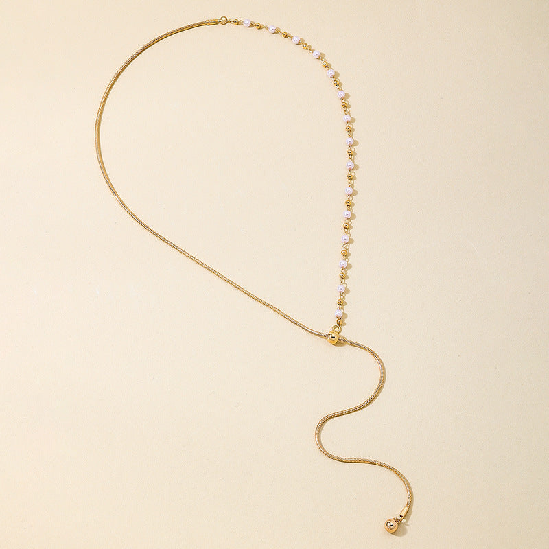 Golden Alloy Circle Earrings For Women With Imitation Pearl Inlay And Adjustable Slider Chain, Perfect For Banquet