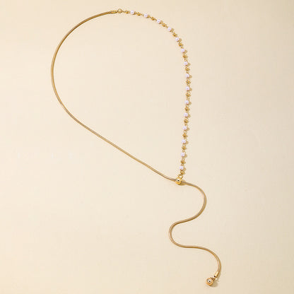 Golden Alloy Circle Earrings For Women With Imitation Pearl Inlay And Adjustable Slider Chain, Perfect For Banquet