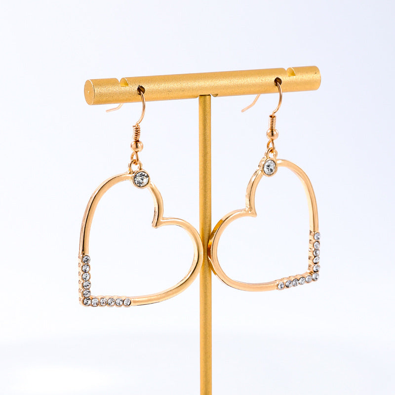Heart Shape Drop Earrings For Women In Golden Alloy With Rhinestones, Perfect For Date Occasion
