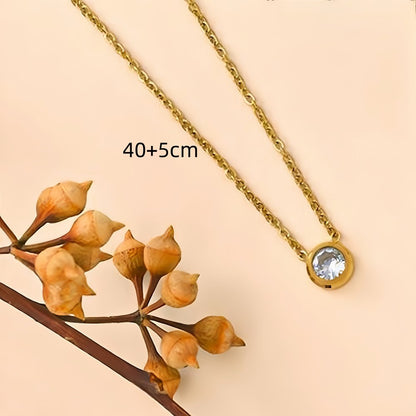 Circle Pendant Necklace For Women In 304 Stainless Steel With 18K Real Gold Plated And Zircon Inlay On Cable Chain