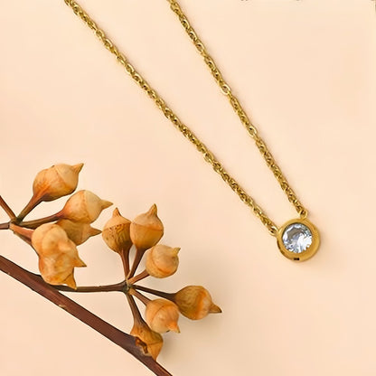 Circle Pendant Necklace For Women In 304 Stainless Steel With 18K Real Gold Plated And Zircon Inlay On Cable Chain