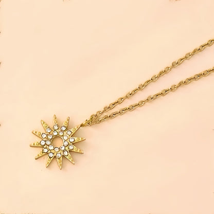Sun Pendant Necklace For Women In 304 Stainless Steel With 18K Real Gold Plated Finish And Zircon Inlay On Cable Chain