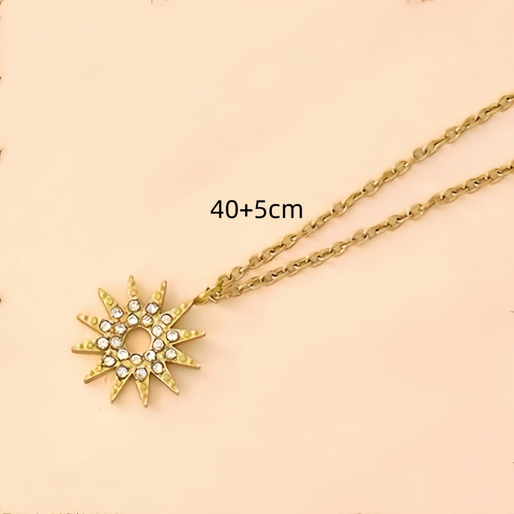 Sun Pendant Necklace For Women In 304 Stainless Steel With 18K Real Gold Plated Finish And Zircon Inlay On Cable Chain