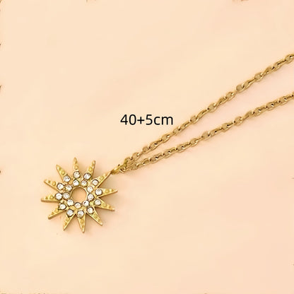 Sun Pendant Necklace For Women In 304 Stainless Steel With 18K Real Gold Plated Finish And Zircon Inlay On Cable Chain
