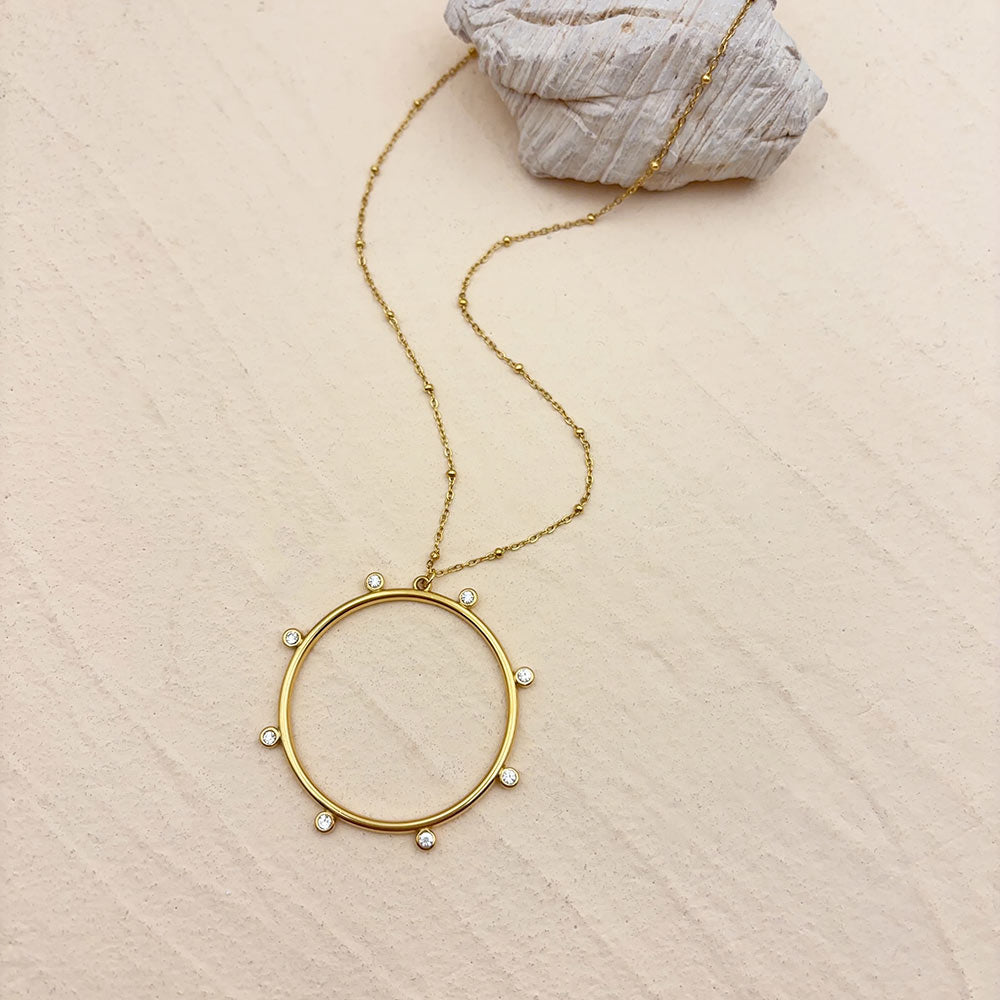 Sun Pendant Necklace For Women In 304 Stainless Steel With 18K Real Gold Plated Finish Featuring Zircon On Cable Chain