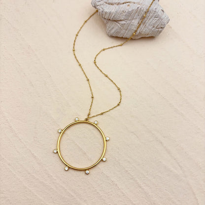 Sun Pendant Necklace For Women In 304 Stainless Steel With 18K Real Gold Plated Finish Featuring Zircon On Cable Chain