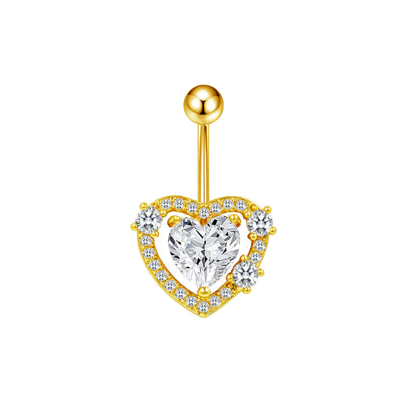 Three-dimensional Heart Shape Copper Belly Ring With Electroplated Platinum Plated Finish And Zircon Inlay