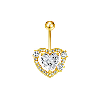 Three-dimensional Heart Shape Copper Belly Ring With Electroplated Platinum Plated Finish And Zircon Inlay