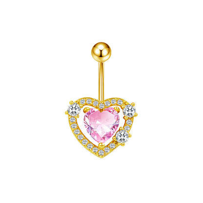 Three-dimensional Heart Shape Copper Belly Ring With Electroplated Platinum Plated Finish And Zircon Inlay