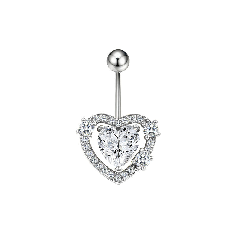 Three-dimensional Heart Shape Copper Belly Ring With Electroplated Platinum Plated Finish And Zircon Inlay
