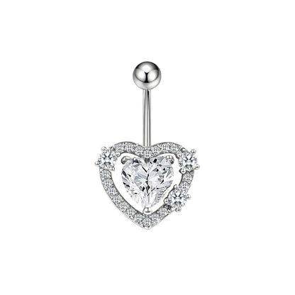 Three-dimensional Heart Shape Copper Belly Ring With Electroplated Platinum Plated Finish And Zircon Inlay