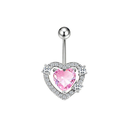 Three-dimensional Heart Shape Copper Belly Ring With Electroplated Platinum Plated Finish And Zircon Inlay