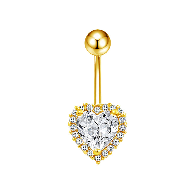 Three-dimensional Heart Shape Copper Belly Ring With Electroplated Platinum Plated Finish And Zircon Inlay