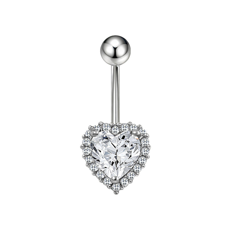 Three-dimensional Heart Shape Copper Belly Ring With Electroplated Platinum Plated Finish And Zircon Inlay