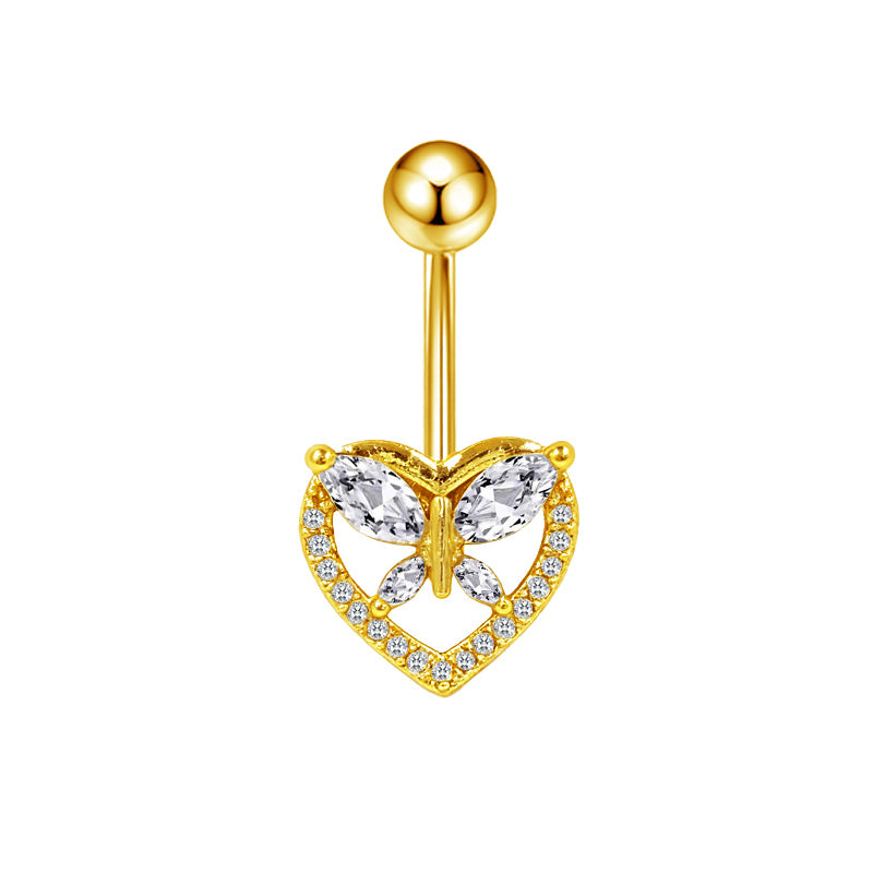 Three-dimensional Heart Shape Copper Belly Ring With Electroplated Platinum Plated Finish And Zircon Inlay