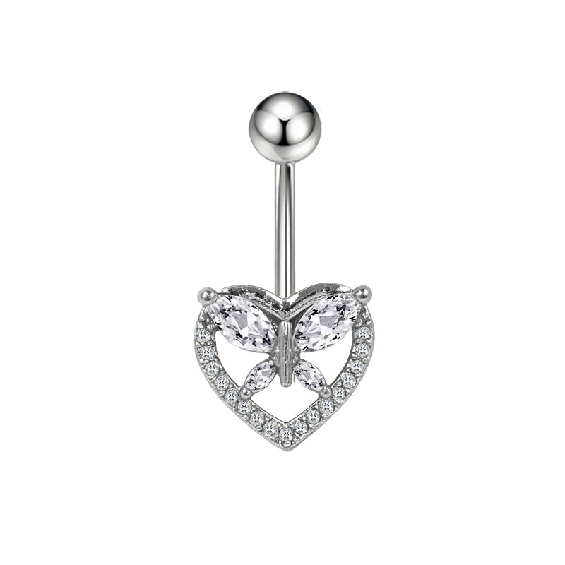 Three-dimensional Heart Shape Copper Belly Ring With Electroplated Platinum Plated Finish And Zircon Inlay