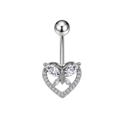 Three-dimensional Heart Shape Copper Belly Ring With Electroplated Platinum Plated Finish And Zircon Inlay
