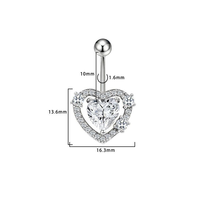 Three-dimensional Heart Shape Copper Belly Ring With Electroplated Platinum Plated Finish And Zircon Inlay