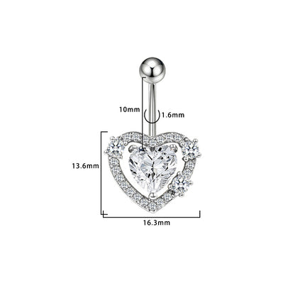Three-dimensional Heart Shape Copper Belly Ring With Electroplated Platinum Plated Finish And Zircon Inlay