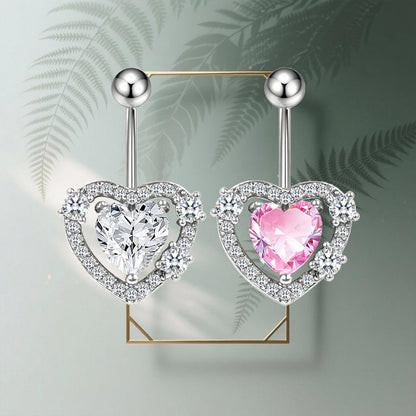 Three-dimensional Heart Shape Copper Belly Ring With Electroplated Platinum Plated Finish And Zircon Inlay