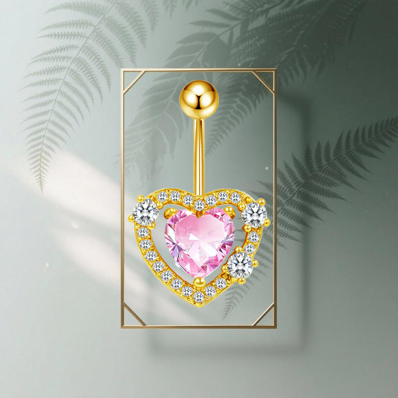 Three-dimensional Heart Shape Copper Belly Ring With Electroplated Platinum Plated Finish And Zircon Inlay