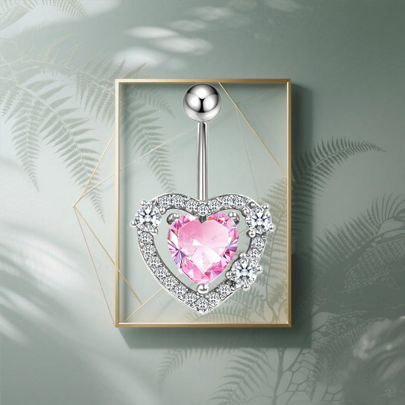 Three-dimensional Heart Shape Copper Belly Ring With Electroplated Platinum Plated Finish And Zircon Inlay