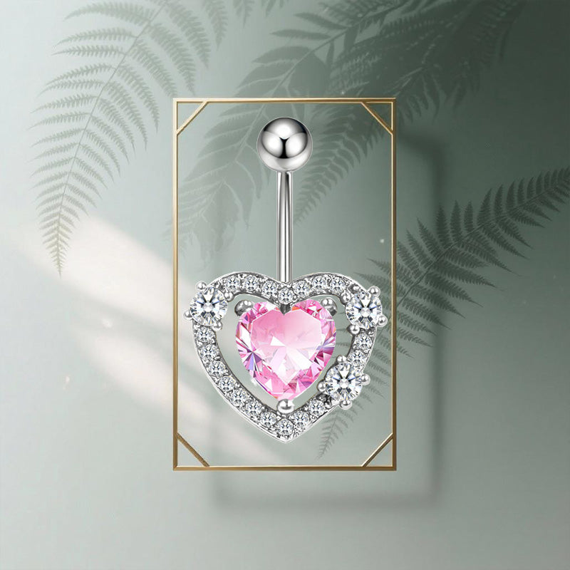 Three-dimensional Heart Shape Copper Belly Ring With Electroplated Platinum Plated Finish And Zircon Inlay