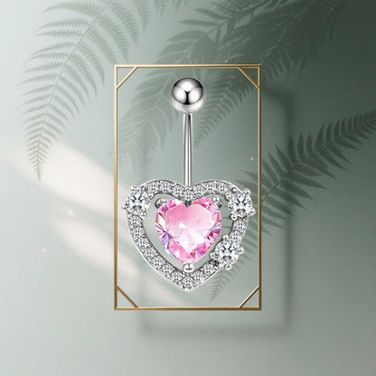 Three-dimensional Heart Shape Copper Belly Ring With Electroplated Platinum Plated Finish And Zircon Inlay