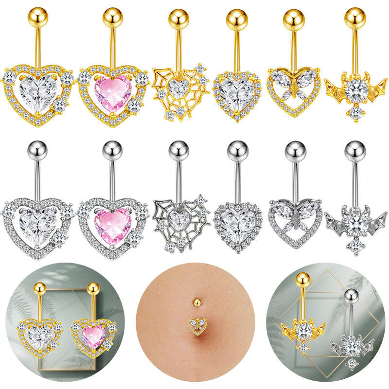 Three-dimensional Heart Shape Copper Belly Ring With Electroplated Platinum Plated Finish And Zircon Inlay