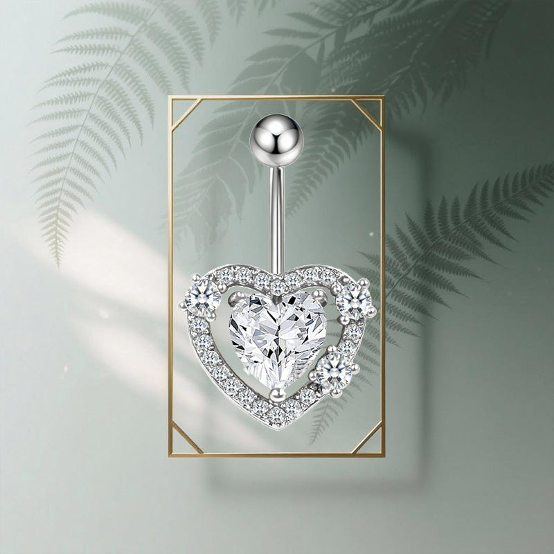 Three-dimensional Heart Shape Copper Belly Ring With Electroplated Platinum Plated Finish And Zircon Inlay