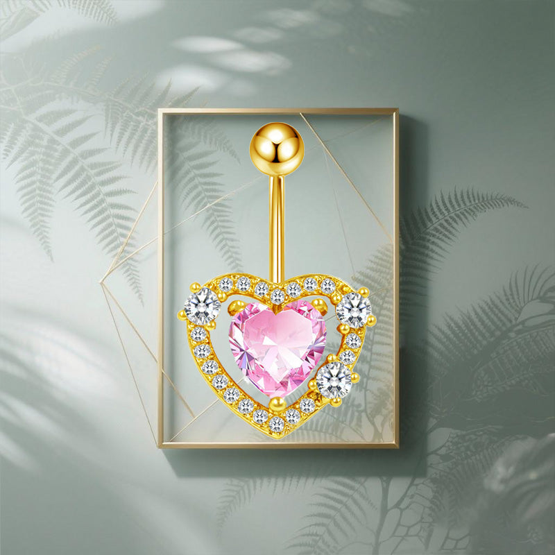 Three-dimensional Heart Shape Copper Belly Ring With Electroplated Platinum Plated Finish And Zircon Inlay