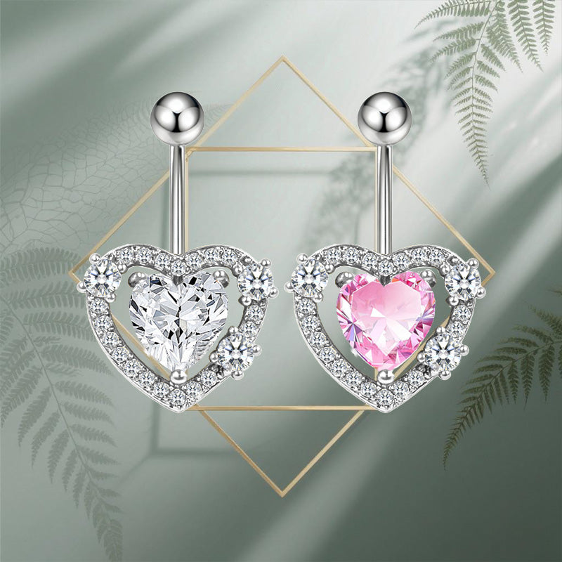 Three-dimensional Heart Shape Copper Belly Ring With Electroplated Platinum Plated Finish And Zircon Inlay