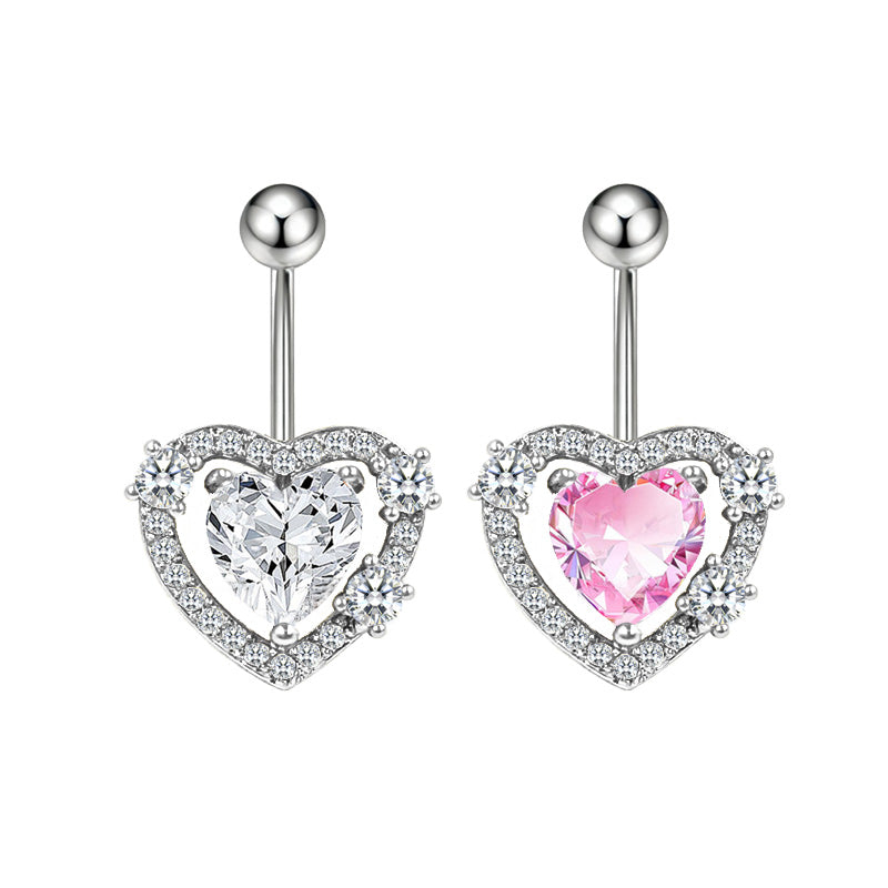 Three-dimensional Heart Shape Copper Belly Ring With Electroplated Platinum Plated Finish And Zircon Inlay
