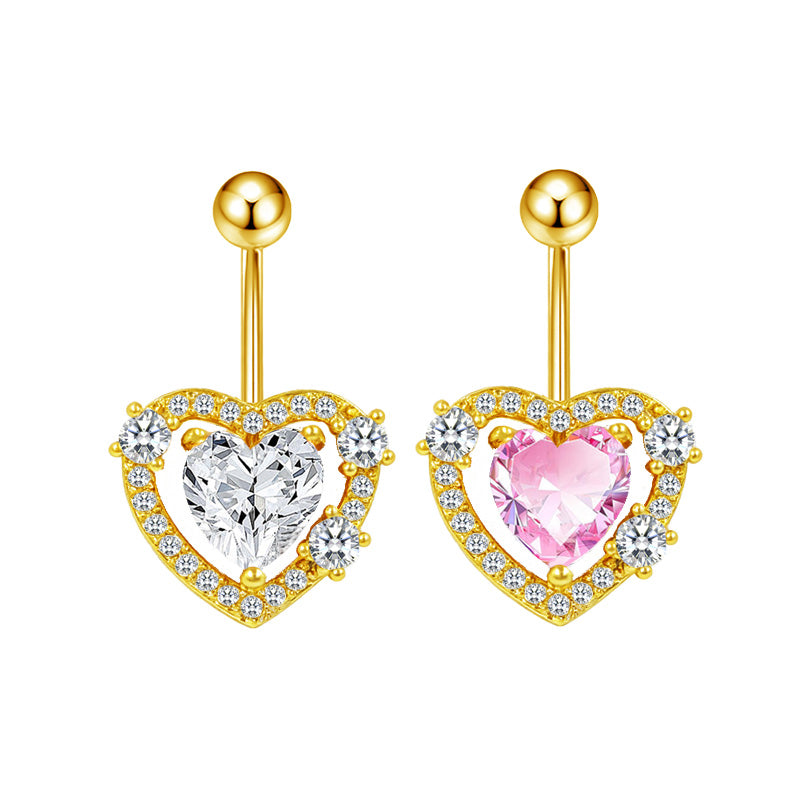 Three-dimensional Heart Shape Copper Belly Ring With Electroplated Platinum Plated Finish And Zircon Inlay