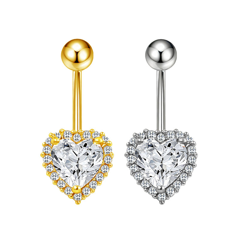 Three-dimensional Heart Shape Copper Belly Ring With Electroplated Platinum Plated Finish And Zircon Inlay