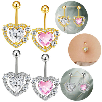 Three-dimensional Heart Shape Copper Belly Ring With Electroplated Platinum Plated Finish And Zircon Inlay