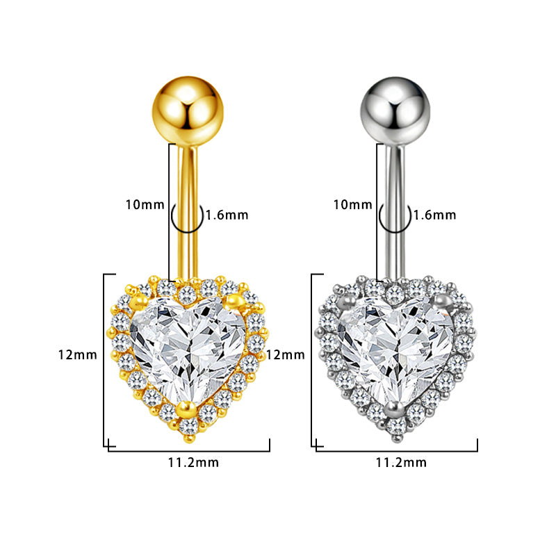 Three-dimensional Heart Shape Copper Belly Ring With Electroplated Platinum Plated Finish And Zircon Inlay