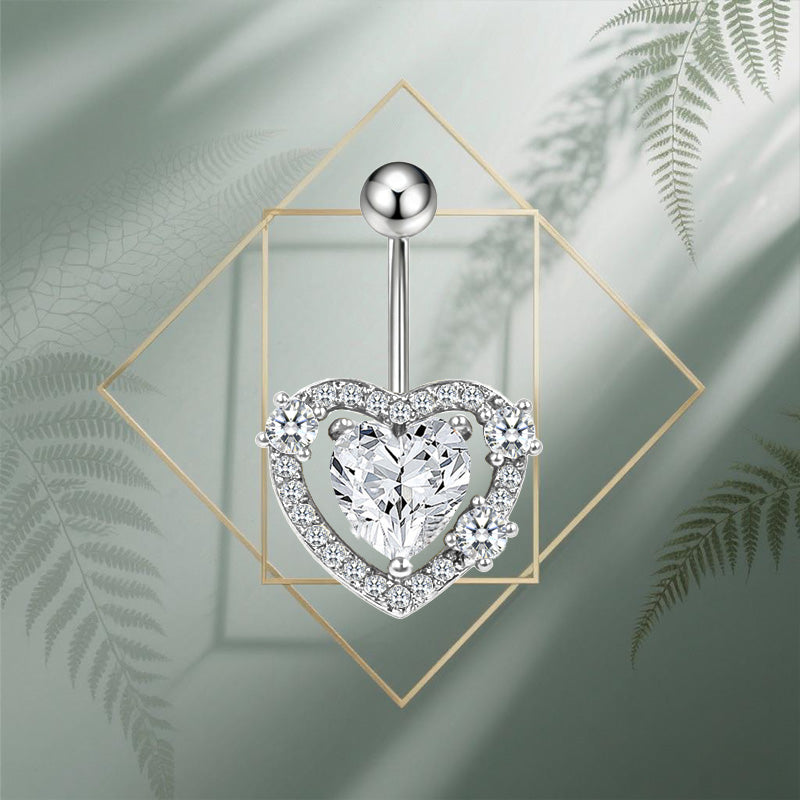 Three-dimensional Heart Shape Copper Belly Ring With Electroplated Platinum Plated Finish And Zircon Inlay