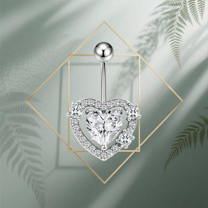 Three-dimensional Heart Shape Copper Belly Ring With Electroplated Platinum Plated Finish And Zircon Inlay